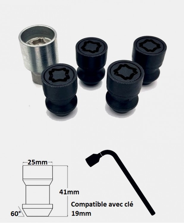 Écrous antivol de roues noir longs M14X1.5 assise conique 60°