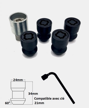 Écrous antivol de roues noir M14X1.5 assise conique 60°