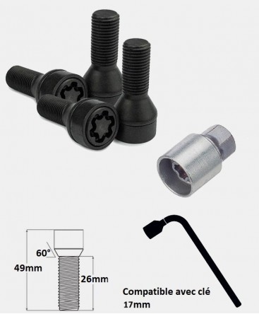 Vis antivol de roues noir M14X1.5 assise conique 60° filetage 26mm