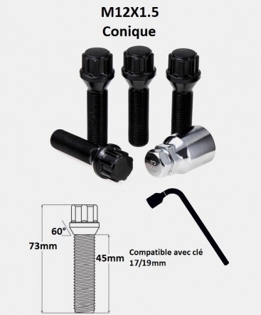 Vis antivol de roues M12X1.5 noir assise conique 60° filetage 45mm