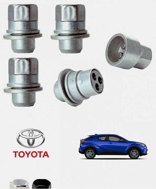 Écrous antivol de roues haute sécurité Toyota C-HR (AX10) M12X1.5 assise plate avec caches chrome ou noir 