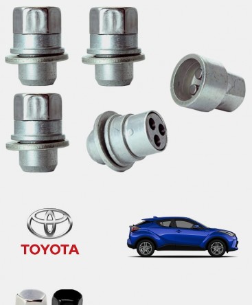 Écrous antivol de roues haute sécurité Toyota C-HR (AX10) M12X1.5 assise plate avec caches chrome ou noir 