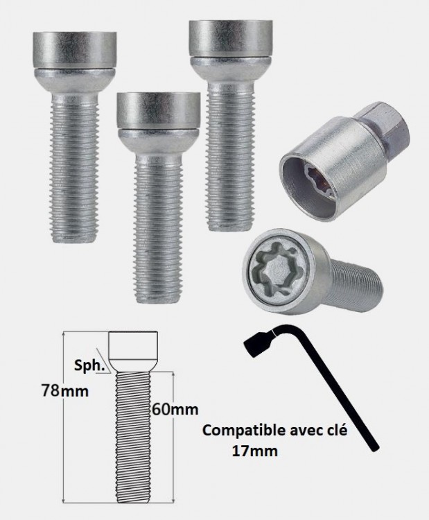 Vis antivol de roues M14X1.5 assise sphérique filetage 60mm