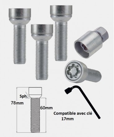 Vis antivol de roues M14X1.5 assise sphérique filetage 60mm